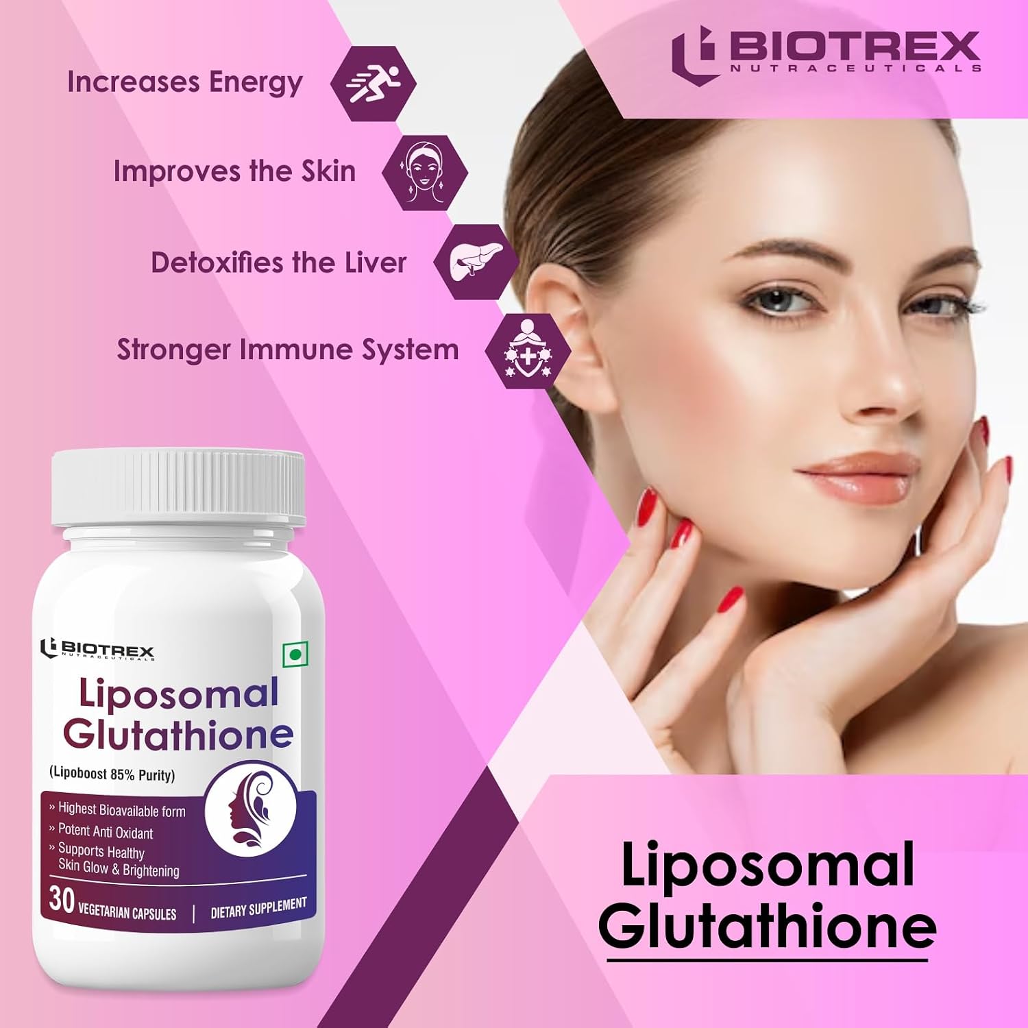 Biotrex Nutraceuticals Liposomal Glutathione 85% Lipoboost High Purity Form, Supports Healthy Skin Health - 30 Veg Capsules