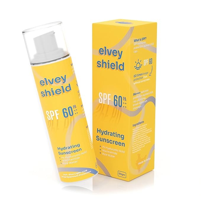 Elvey Shield Hydrating Sunscreen SPF 60 PA++++ with 1% Hyaluronic Acid - 50 gms