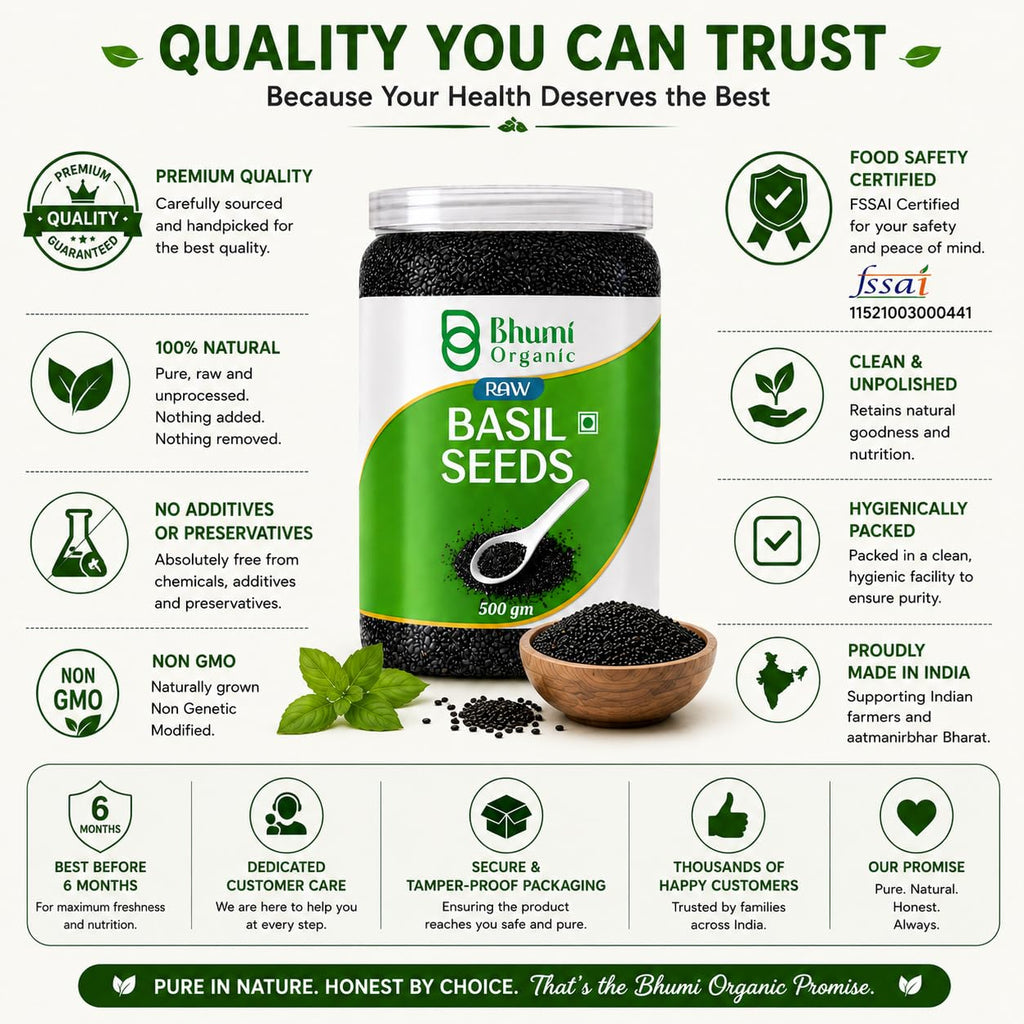 Bhumi Organic Basil Seeds 500g | Sabja Seeds, Beat the Summer Heat, High Fibre, Omega 3