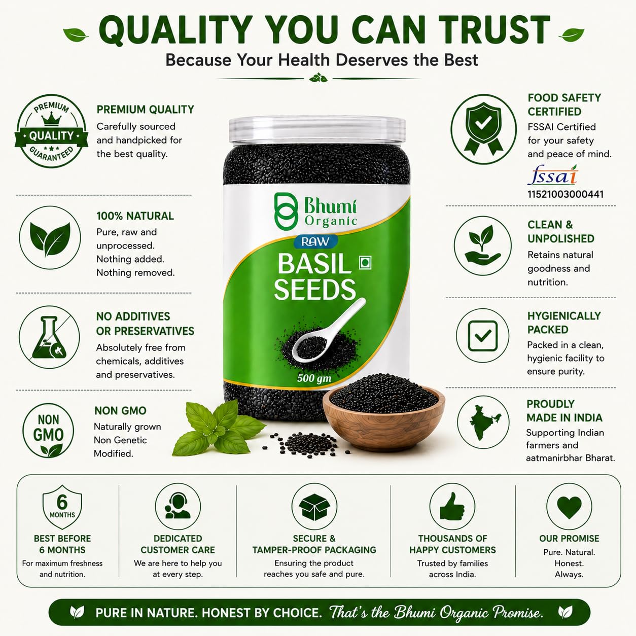 Bhumi Organic Basil Seeds 500g | Sabja Seeds, Beat the Summer Heat, High Fibre, Omega 3