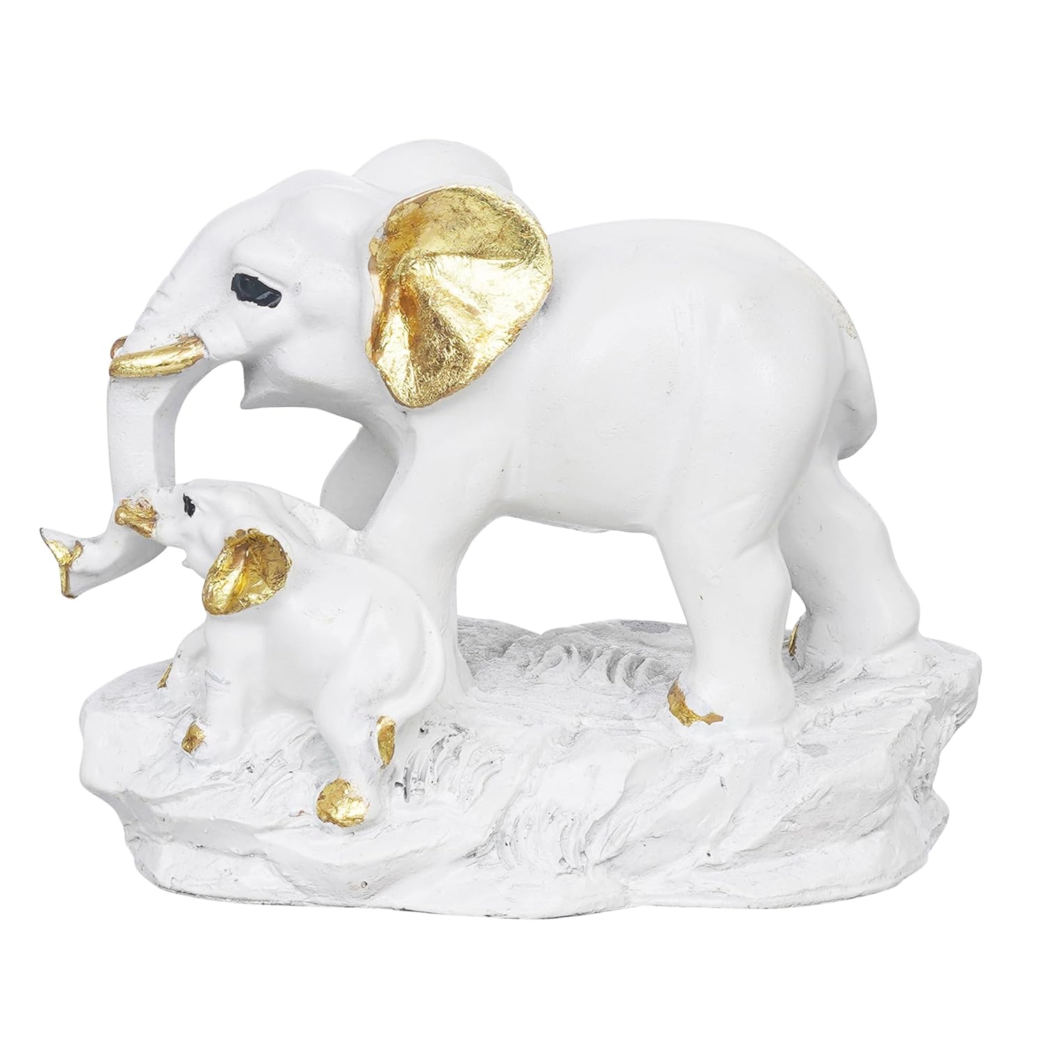 Ecraftindia White Golden Cute Elephant With Baby Elephant Statues Animal Figurines Decorative Showpieces