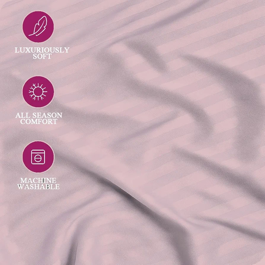 Trance Home Linen 100% Cotton 78x66 inch 200TC Satin Stripe Elastic Fitted Bedsheet Double Bed Fitted Bedspread with 2 Pillow Covers Colour Cameo Rose