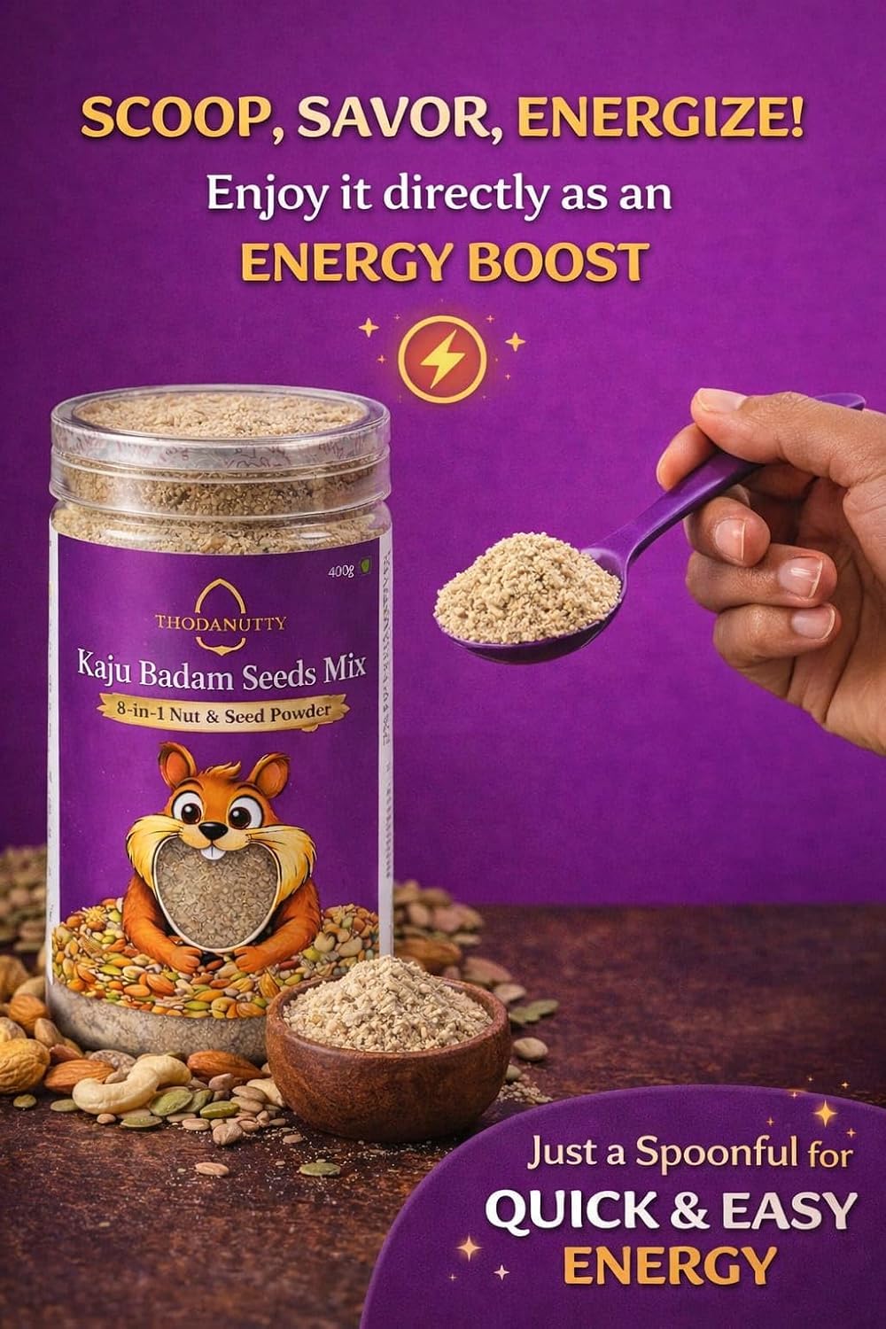 Thodanutty Kaju Badam Seeds Mix (Dry Fruits & Seeds Powder) 150g | Almonds, Cashews, Walnuts, Pumpkin & Chia Seeds | Healthy Nut Mix | 0% Preservatives | Rich in Protein & Fiber