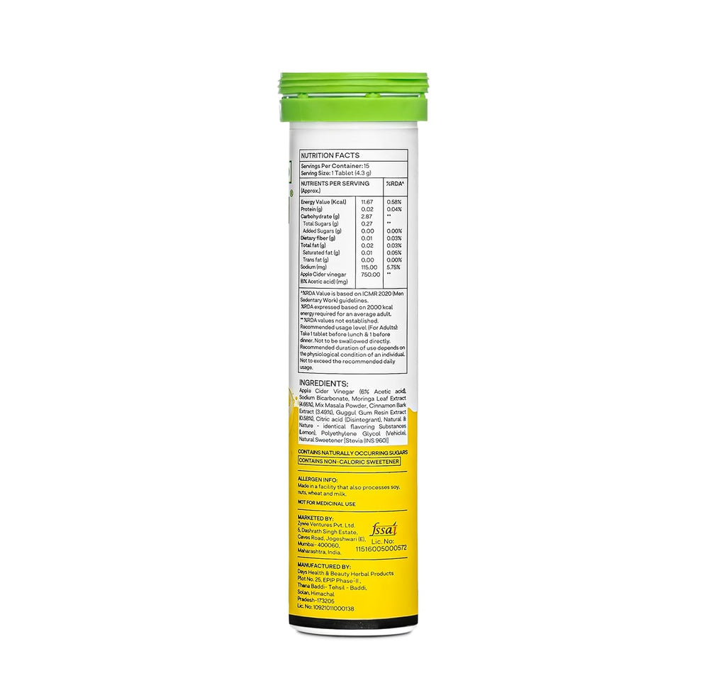 OZiva ACV Moringa | Control Cravings I Apple Cider Vinegar, Cinnamon, Guggul I No Maltodextrin & No Added Sugar I 15 Effervescent Tablets - Lemon Masala, Pack of 2 (30 Tablets)