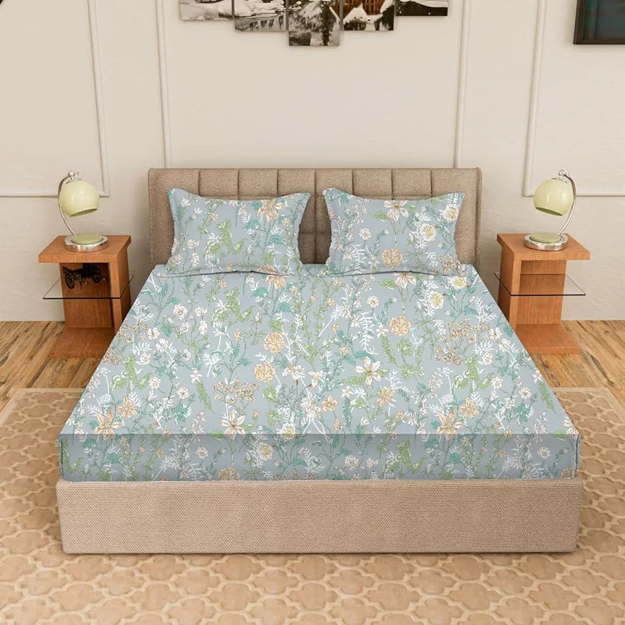 Trance Home Linen Skin Friendly 100% Cotton Printed Fitted Bedsheet for Queen Size Bed with 2 Pillow Cover Premium 180TC Colour Wild Flowers