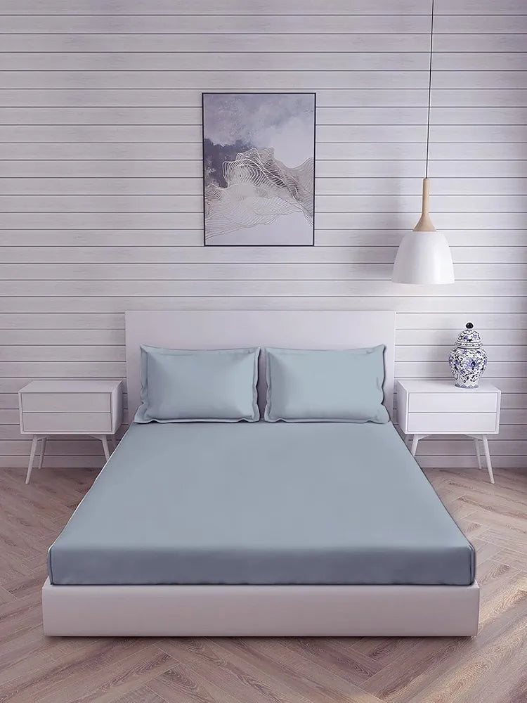 Trance Home Linen Premium 300 TC Pure 100% Cotton King Fitted Bedsheet with 2 Pillow Covers 78 x 72 inch Colour Slate Blue