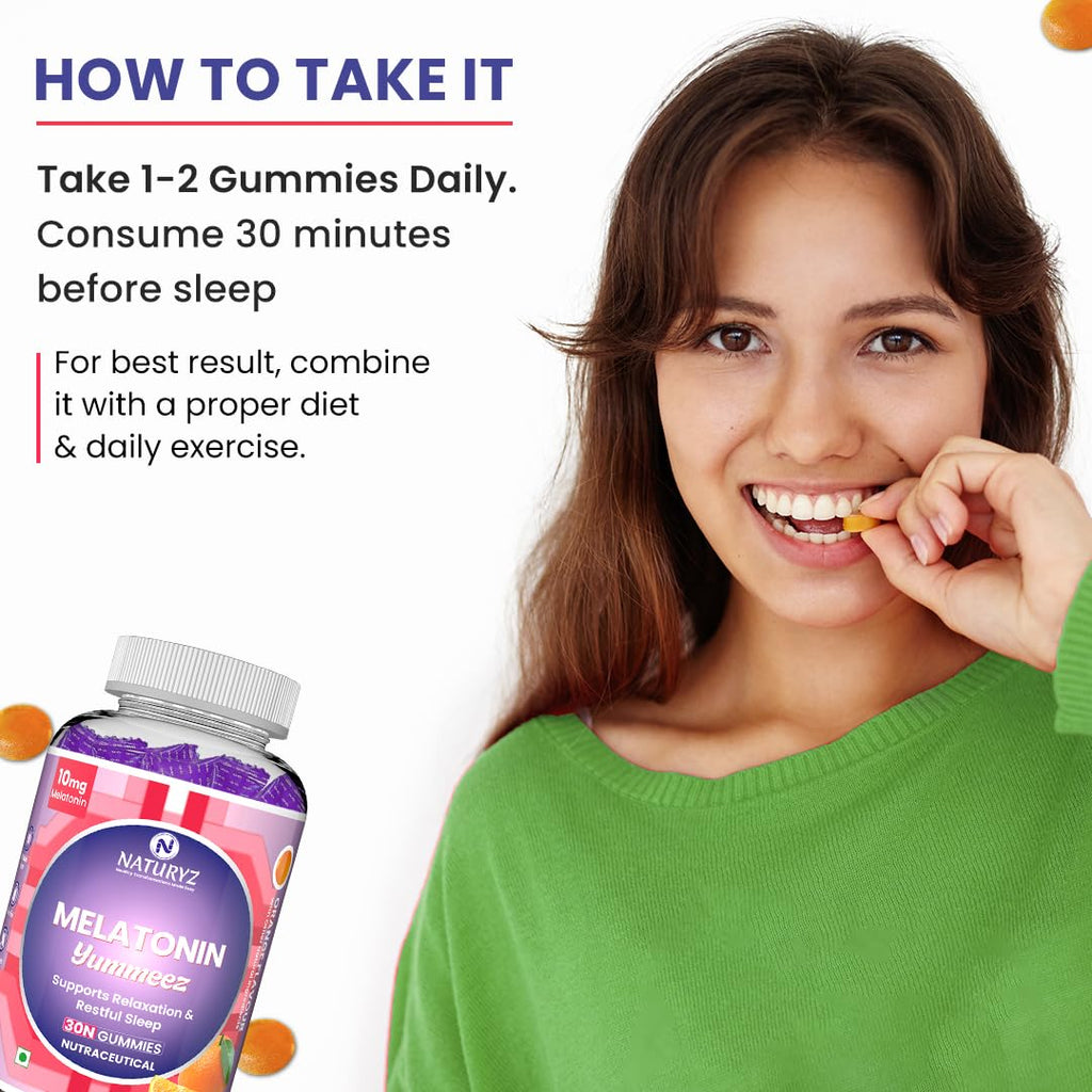 NATURYZ Yummeez Melatonin 10mg Gummies for Sleep - Non-Addictive | No Added Sugar | Valerian Root, Chamomile | Enhance Sleep Quality for Restful Nights, Wake Up Fresh & Energetic - 30 gummies(Orange Flavour)