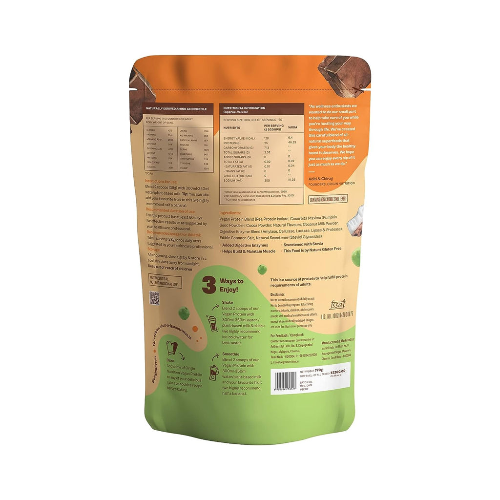 Origin Nutrition Natural Vegan Protein Powder Chocolate Flavour - 770 gms