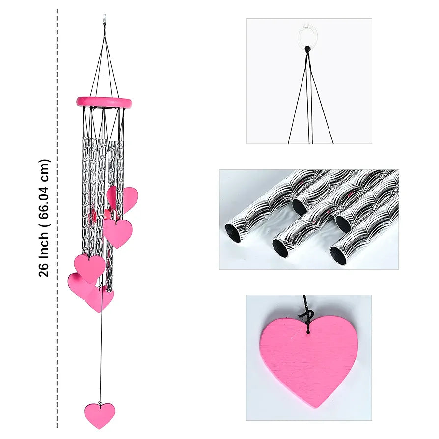 Hanging Wind Chimes for Home and Balcony Heart Shape Pink Wind Chime -018