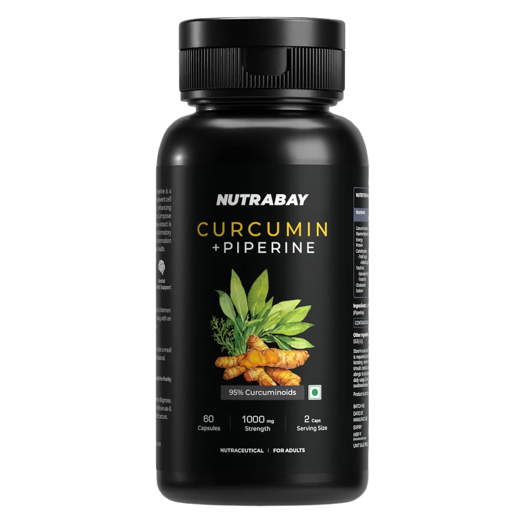 Nutrabay Wellness Curcumin with Piperine with 95% Curcuminoids - Natural Immune Support, Antioxidant, Advanced Absorption & Anti Inflammatory Joint Pain Support - 1000mg, 60 Veg Capsules