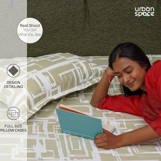 Urban Space Serene Bedsheet for Double Bed 2 Pillow Covers (Colour Checkers Green)