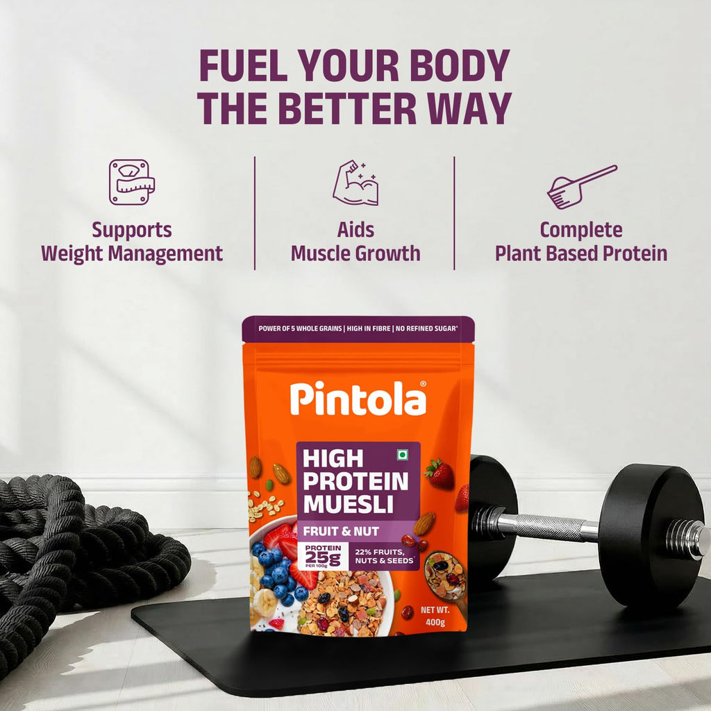 Pintola 25g High Protein Fruit & Nut Muesli 400g, Naturally Sweetened with Organic Jaggery & Dates, No Refined Sugar, Gluten-Free, Breakfast Cereal