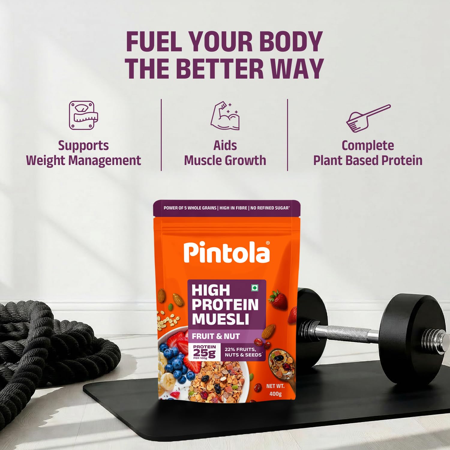 Pintola 25g High Protein Fruit & Nut Muesli 400g, Naturally Sweetened with Organic Jaggery & Dates, No Refined Sugar, Gluten-Free, Breakfast Cereal
