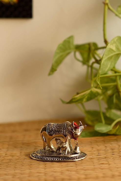 Ecraftindia Handcrafted Cow and Calf Figurine | Silver