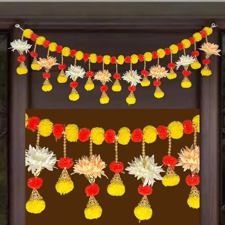 Handcrafted Decorative Bandanwar with Marigold Artificial Flowers Bells & Beads 40x9 Inches