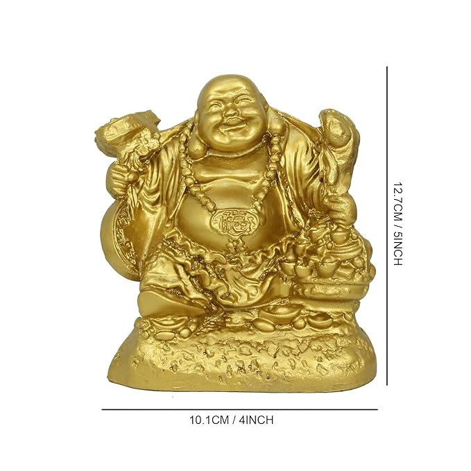 Tied Ribbons Golden Laughing Buddha Idol Statue Showpiece for Money Wealth and Good Luck