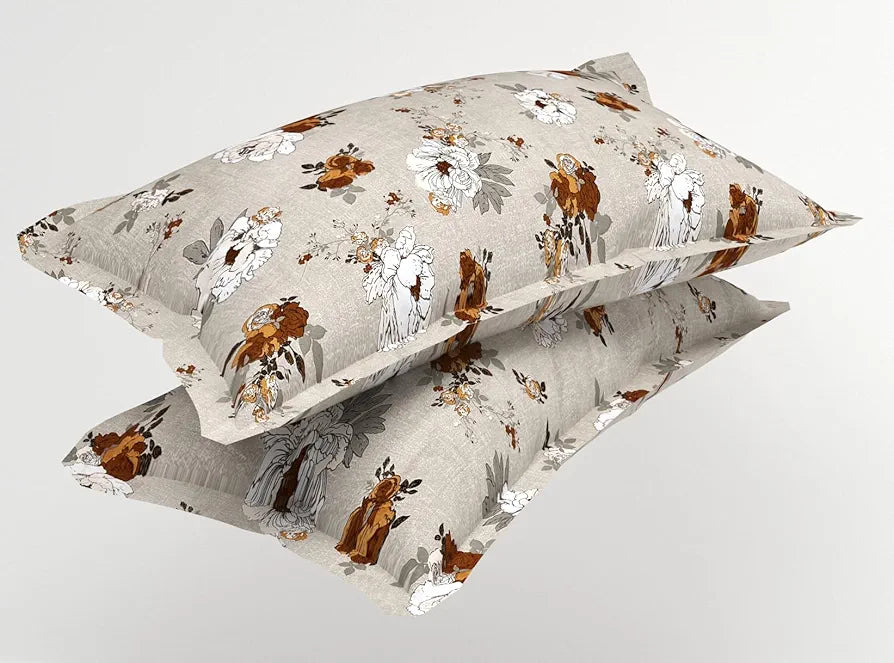 Homekart Premium Cotton Elastic Fitted Bedsheets with 2 King Size Pillow Covers Double Bed Flower Print Beige and Brown 200 tc - 220 tc