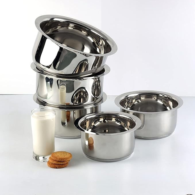 Vinod 5 Piece Stainless Steel Tope Set Without Lid - 0.8 Litre | 1 Litres | 1.4 Litres | 1.8 Litres | 2.2 Litres | Induction and Gas Stove Friendly