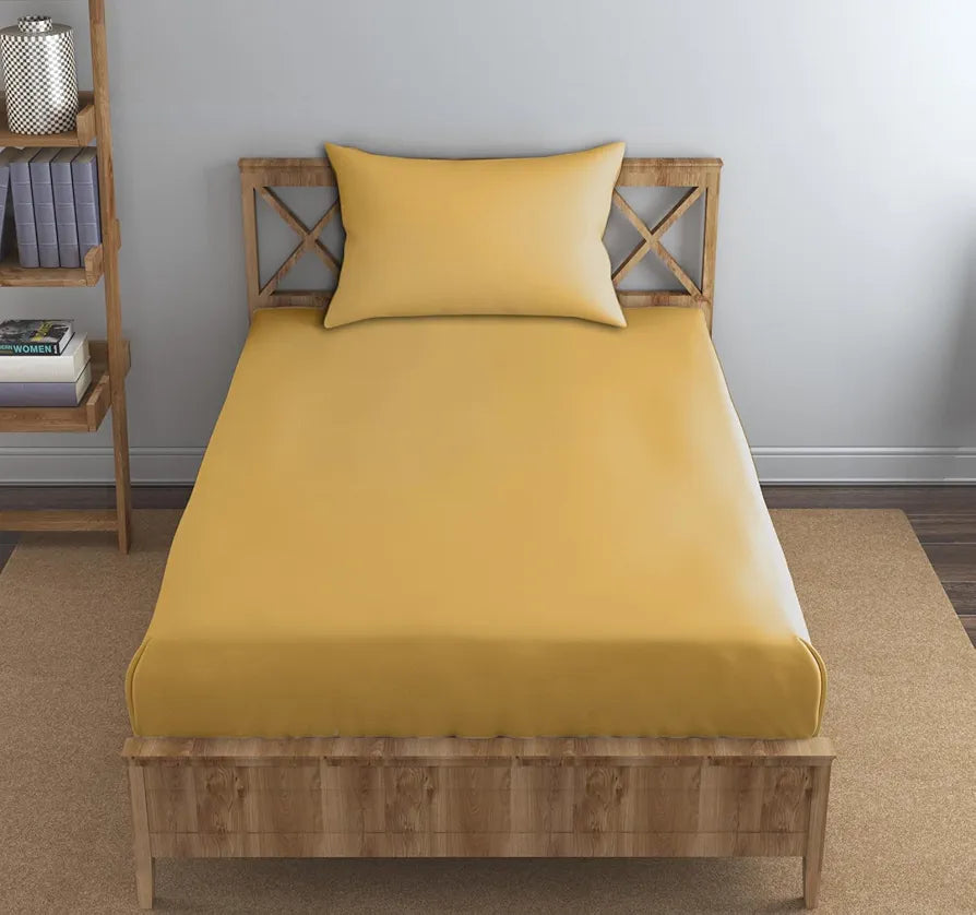 Trance Home Linen Premium 300 TC Pure 100% Cotton Single Size Fitted Bedsheet with 1 Pillow Cover Colour Gold