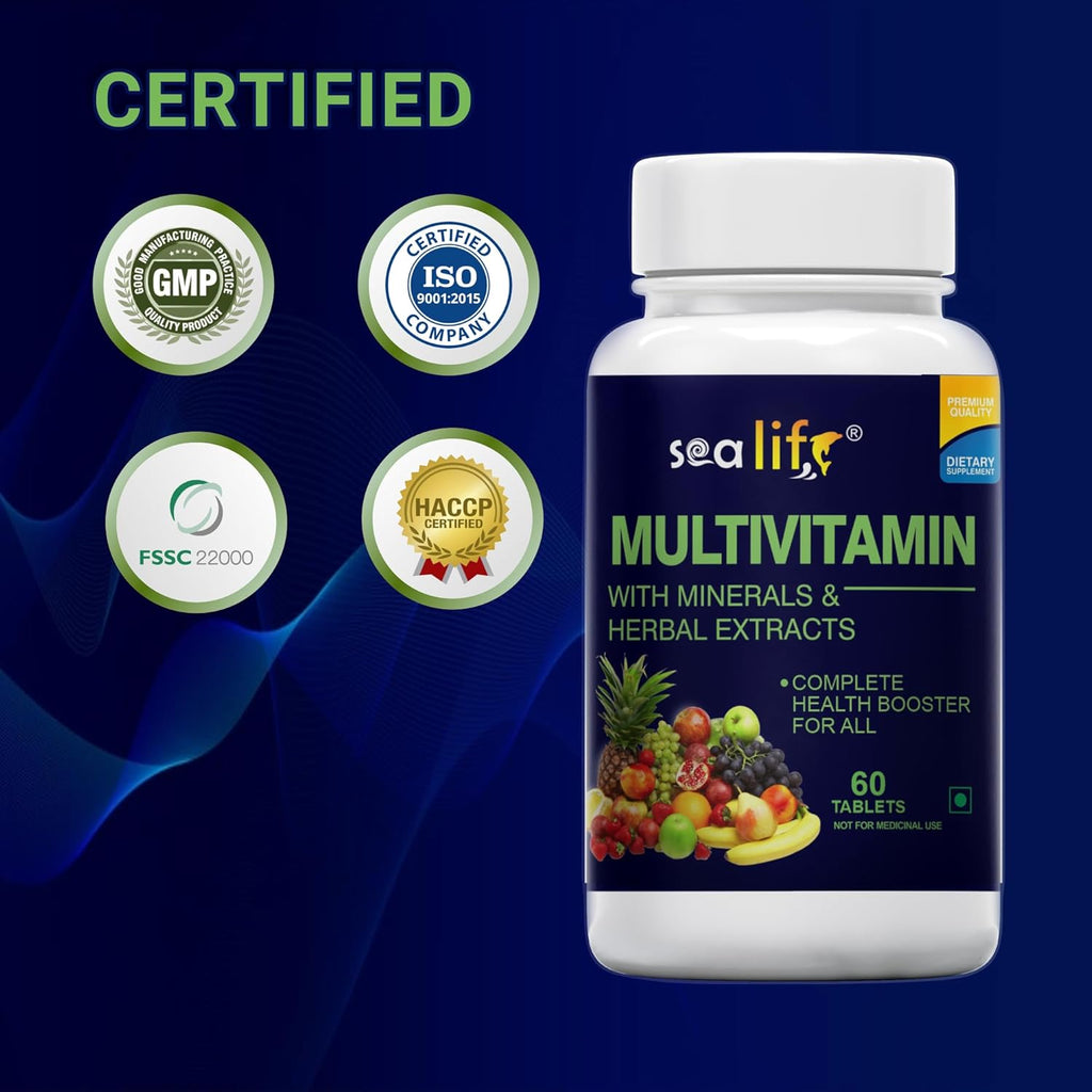 Sea Life Multivitamin With Herbal Extract With Zinc, Calcium,Vitamin C, D2 and Natural Herbal Extracts, Complete Health Booster, For Daily Immunity Strong Bones, and Enhances Energy Level (Pack of-1)