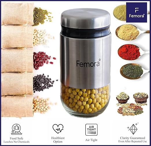 Femora Kitchen Storage Jars Steel Body With See Through Bottom Jar | 350 Ml | Pack of 4