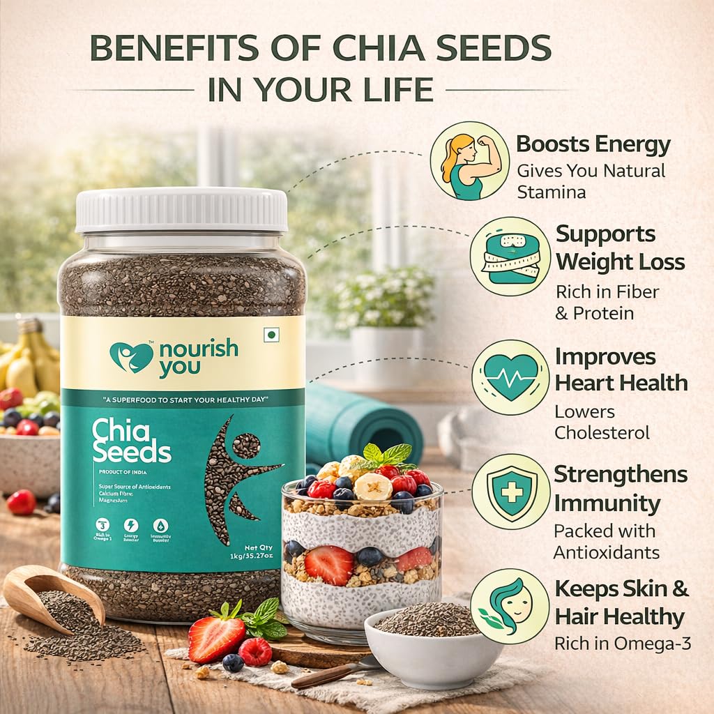 Nourish You Raw & Whole Chia Seeds 1kg Jar | Dirt & Stone free | Gluten Free | Source of Calcium, Protein , Dietary Fibre & Antioxidant | Rich with Omega 3 & Zinc | Premium superfoods | Supports Weight Management | Value Pack offer