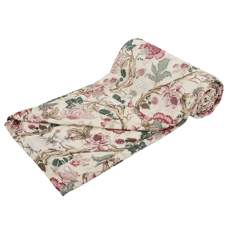 Trance Home Linen 100% Cotton Reversible Dohar Single Bed Size Jaipuri Printed Artisan Block Design Blanket 56"X88" Colour Malhaar Red