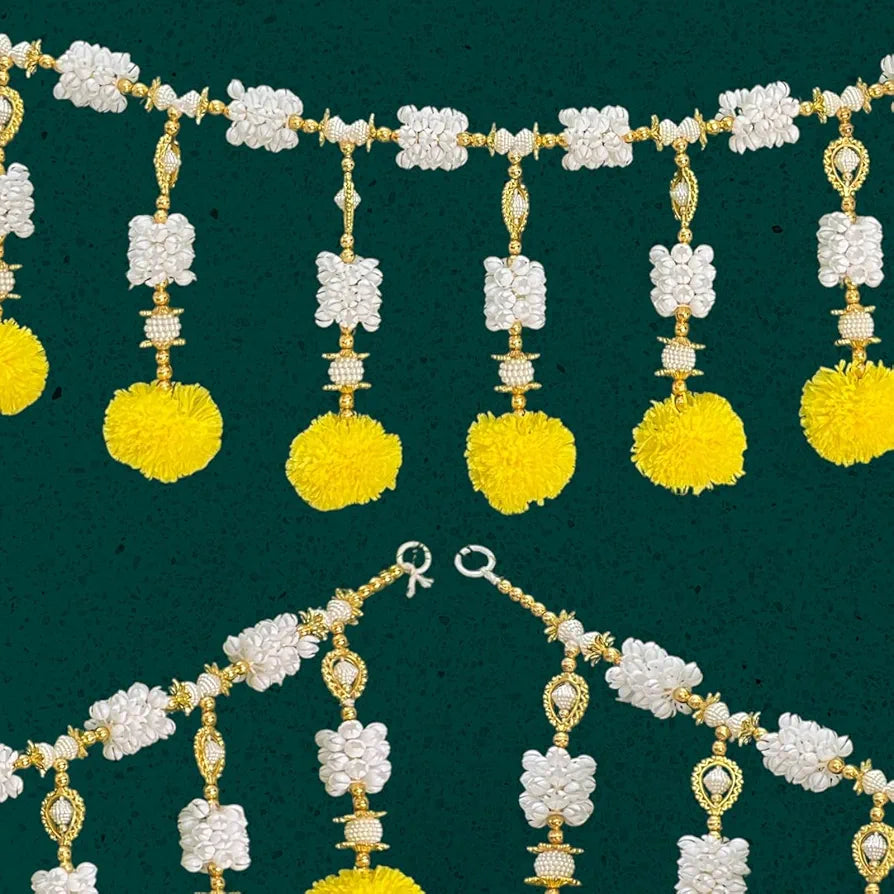 Handcrafted Decorative Bandanwar with Yellow Marigold Flowers Jasmine & Beads 40x9 Inches