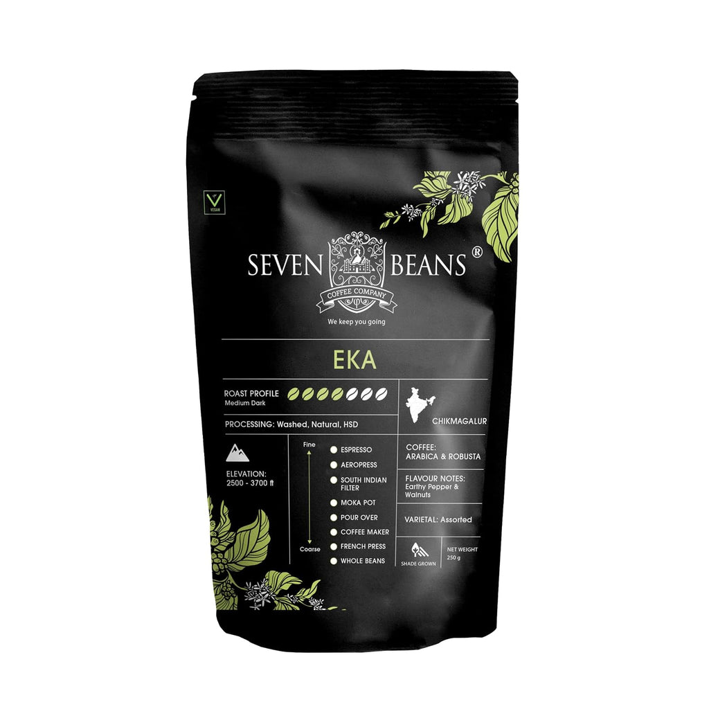 Seven Beans Eka | South Indian Filter Coffee Grind | Medium Dark Roast | Earthy with hints of Pepper & Walnut Notes | Arabica & Robusta Blend | Italian Style Coffee | Italian Roastmaster Crafted – 250g