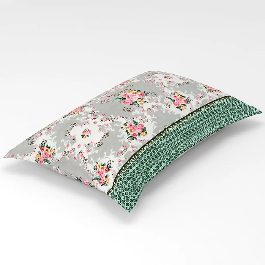 Homefab India 180 TC Microfiber Single BedSheet with 1 Pillow Cover Green Grey Floral