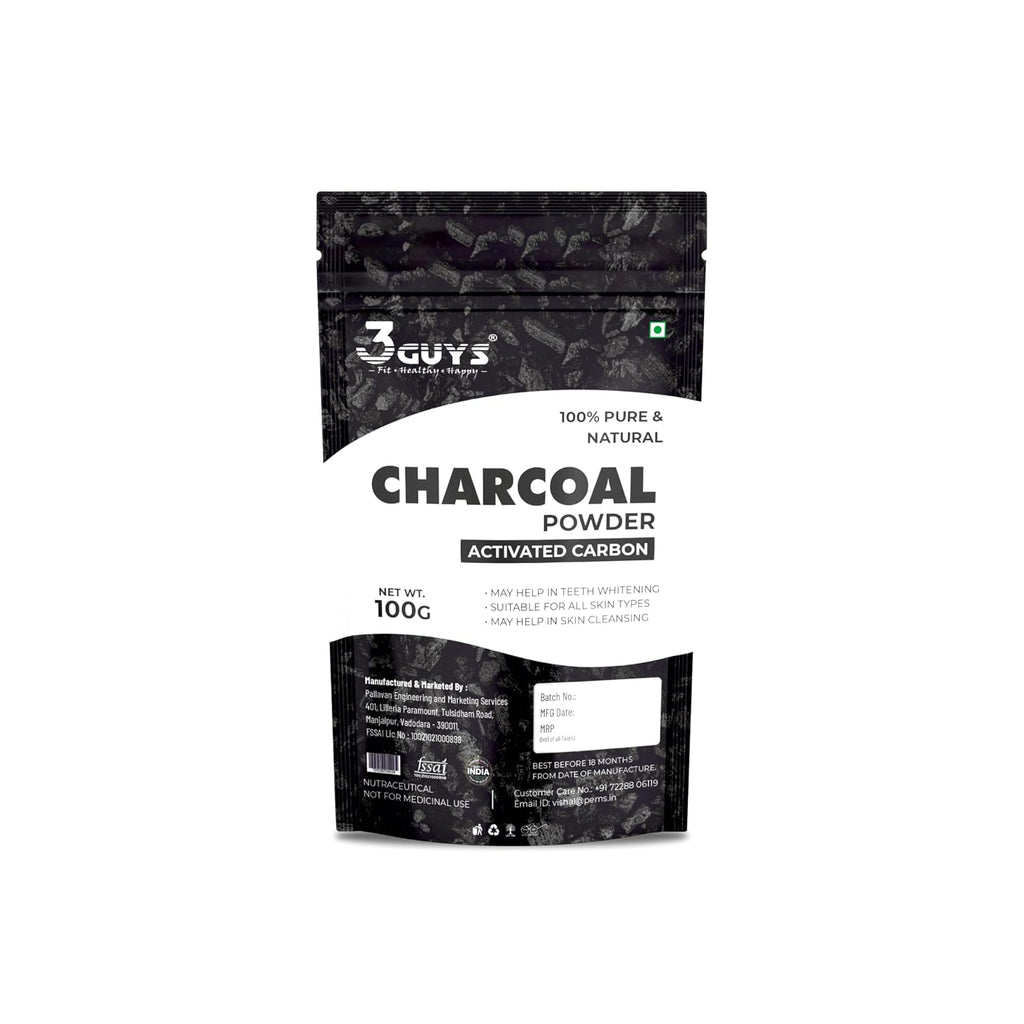 3 Guys Activated Charcoal Powder with Activated Carbon for Face Pack, Deep Cleansing and Detoxifying, 100gm