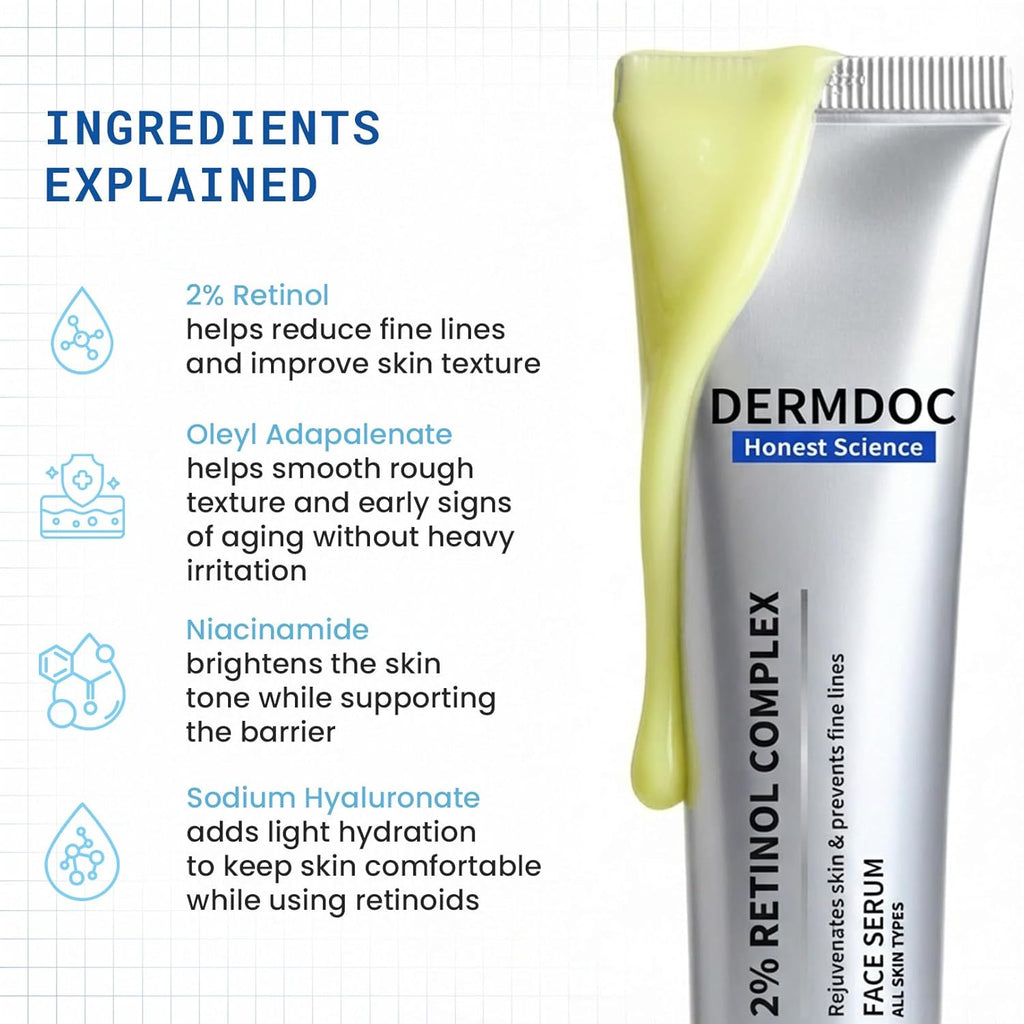 DERMDOC 2% Retinol Face Serum, 12ml | Reduces Fine Lines | Improves Skin Texture & Elasticity| Brightens Skin | Hydrating | Boosts Collagen | Smoother Complexion | For All Skin Types
