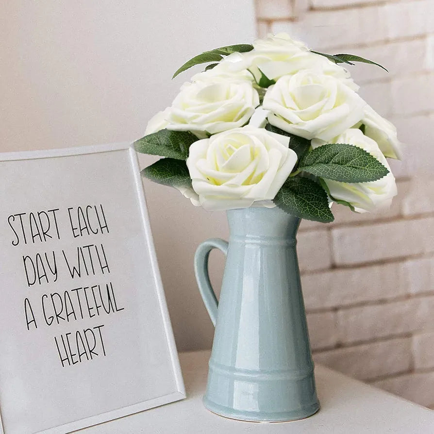 Artificial Flowers Cream Fake Roses Real Looking Foam Roses Flowers w/Stem Cream