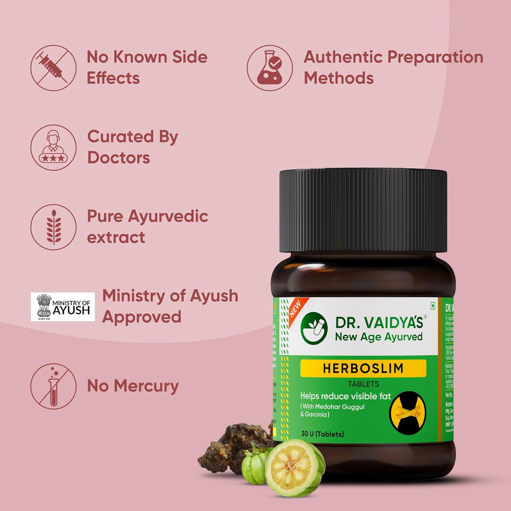 Dr. Vaidya's Herboslim Tablets | Ayurvedic Weight Loss Supplement | Strong Fat Burner for Men & Women | Supports Metabolism & Fat Loss | 30 Capsules | Herbal Fat Burners for Weight Management