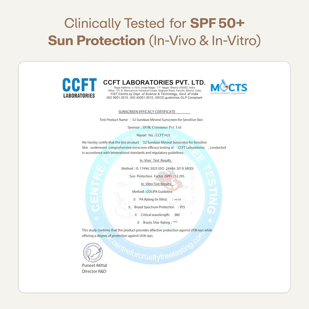 52 Sundaze 100% Mineral Sunscreen SPF 50 PA++++ | For Senitive Skin | No White Cast | In-Vivo Tested | Blue Light & Pollution Protection | No White Cast | Zinc Oxide & Iron Oxide | Fragrance Free | 50g
