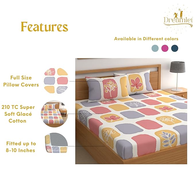 Dreamlet All Around Elastic Supersoft 210tc Premium Cotton Elastic Fitted Bedsheets With 2 King Size Pillow Covers | Yellow and Pink