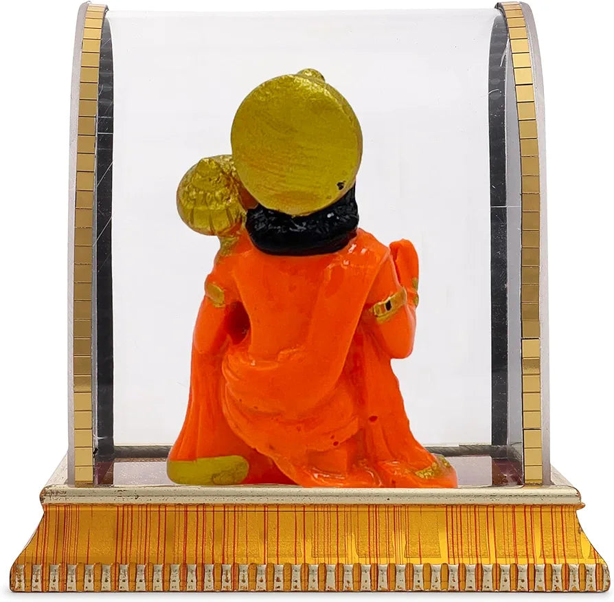 Golden and Orange Hanuman Ji Idol in Glass Box for Car Dashboard