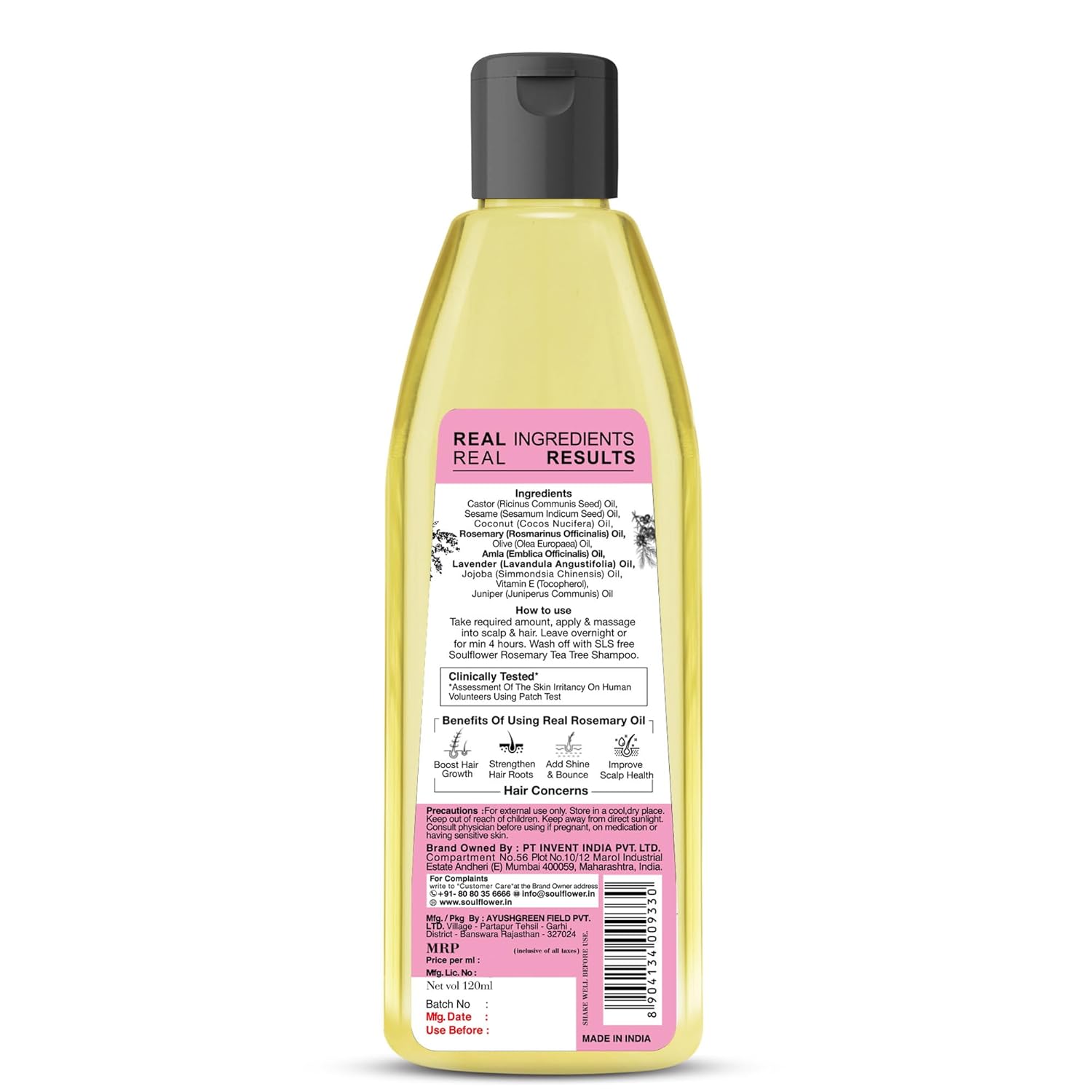 Soulflower Rosemary Lavender Hair Oil For Healthy Hair, Scalp Nourishment, Hair Growth - 100% Pure & Natural Undiluted Cold Pressed Oil, 120Ml