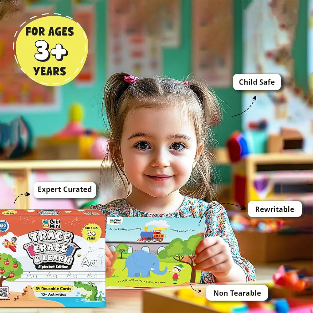GiniMiniTrace Erase & Learn – 68 Pre-Writing Activity Cards for Kids 3–6 Tracing Counting Play-Doh Rewritable Travel-Friendly Fine Motor Skill Toy & Educational Gift Set