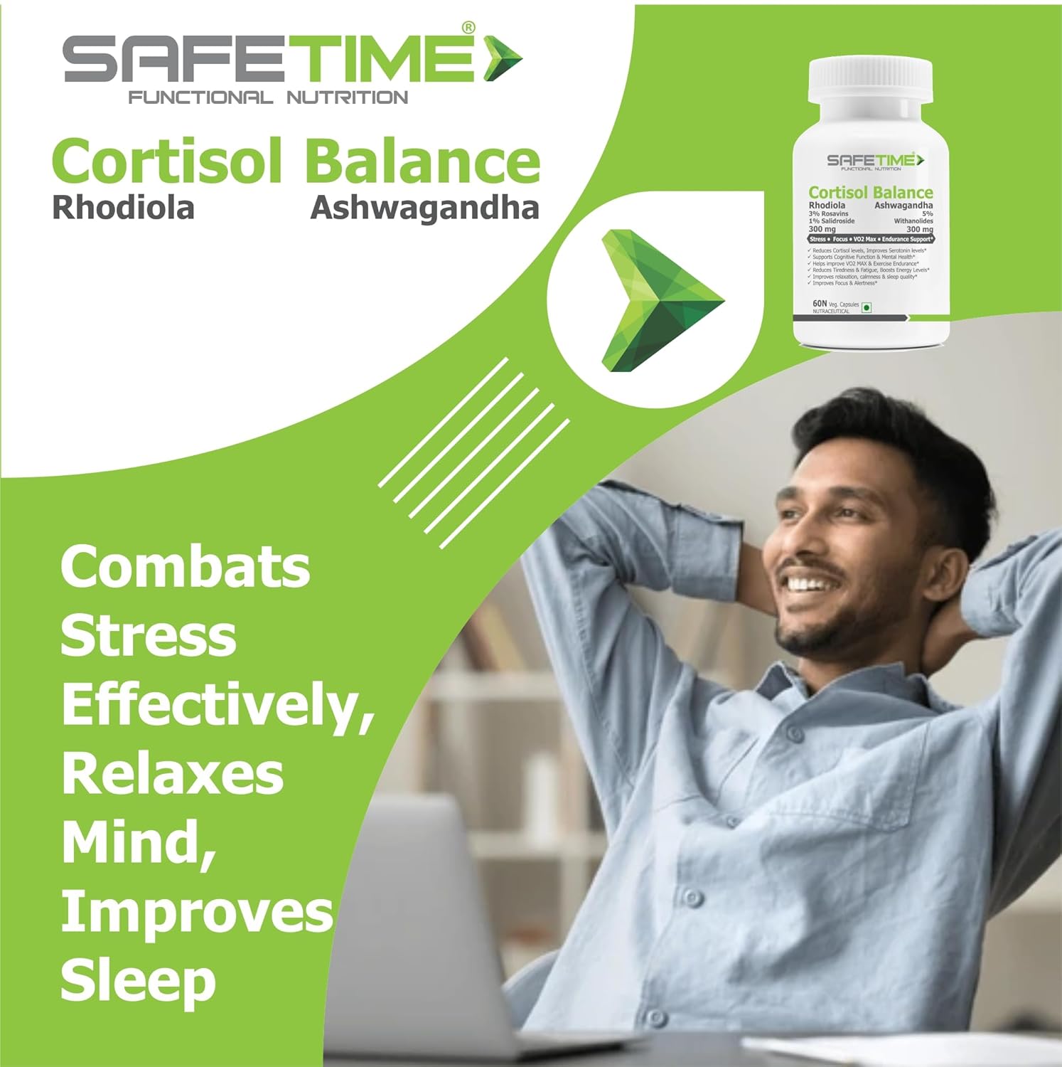 CORTISOL BALANCE Bioactive Rhodiola & Ashwagandha Stress, Focus, Energy VO2 Max (60 Veg Capsules) (Pack of 1)