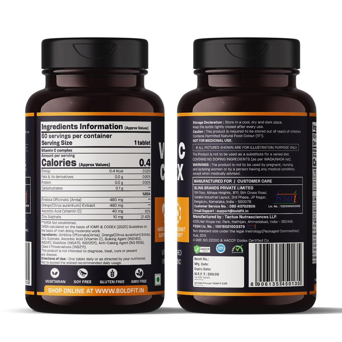 Boldfit Vitamin C Tablets for Men and Women Vitamin C Supplement with Amla Orange Extract and Zinc Immunity Booster Tablets for SkinCare, Antioxidant and Energy - 60 Veg Tablets