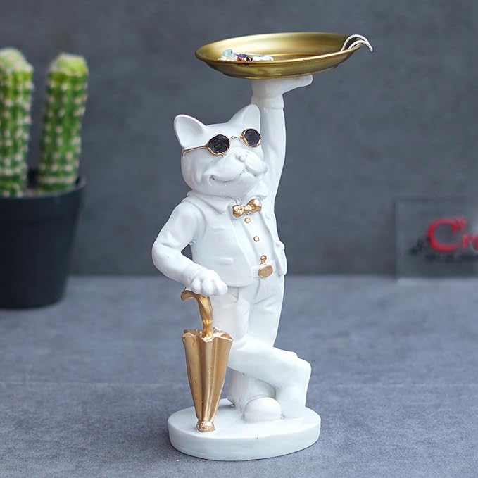 Ecraftindia White Bulldog Statue in Glasses Holding Golden Umbrella and Tray in Hands Table Top Decorative Showpiece