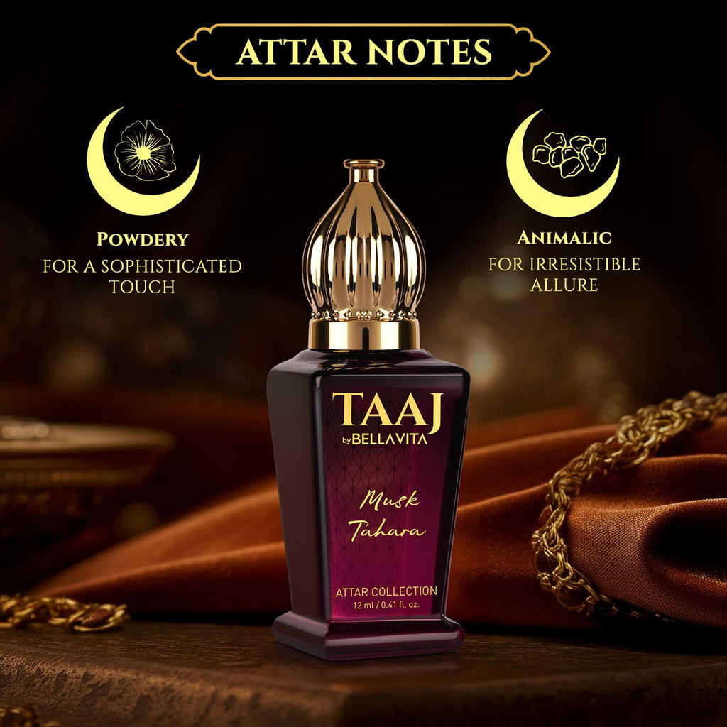 BELLAVITA TAAJ Musk Tahara Unisex Long Lasting Attar for Man and Woman 12ml | Sweet & Floral Long Lasting Fragrance | Non-Alcoholic Roll On
