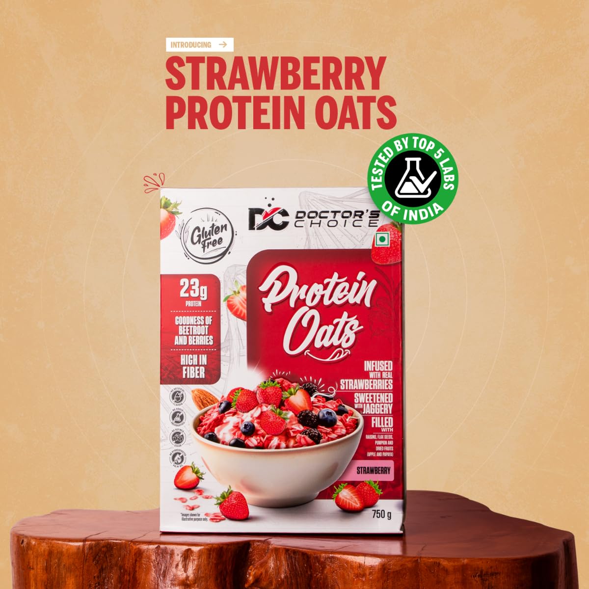Doctors Choice High Protein Oats 750g | 24g Protein Oatmeal | Natural Strawberrry Flavour | No Added Sugar | Gluten Free | High Fiber Healthy Breakfast Oats