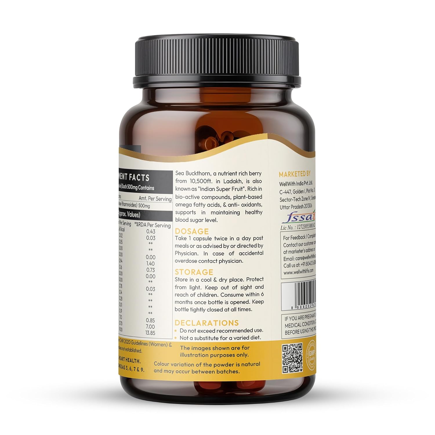 Wellwith Sea buckthorn Berry Powder Capsules â€“ 60 Vegan Caps |Sea buckthorn capsules rich in Natural Vitamin C for Skin Glow & Collagen Boost | Pack of 1