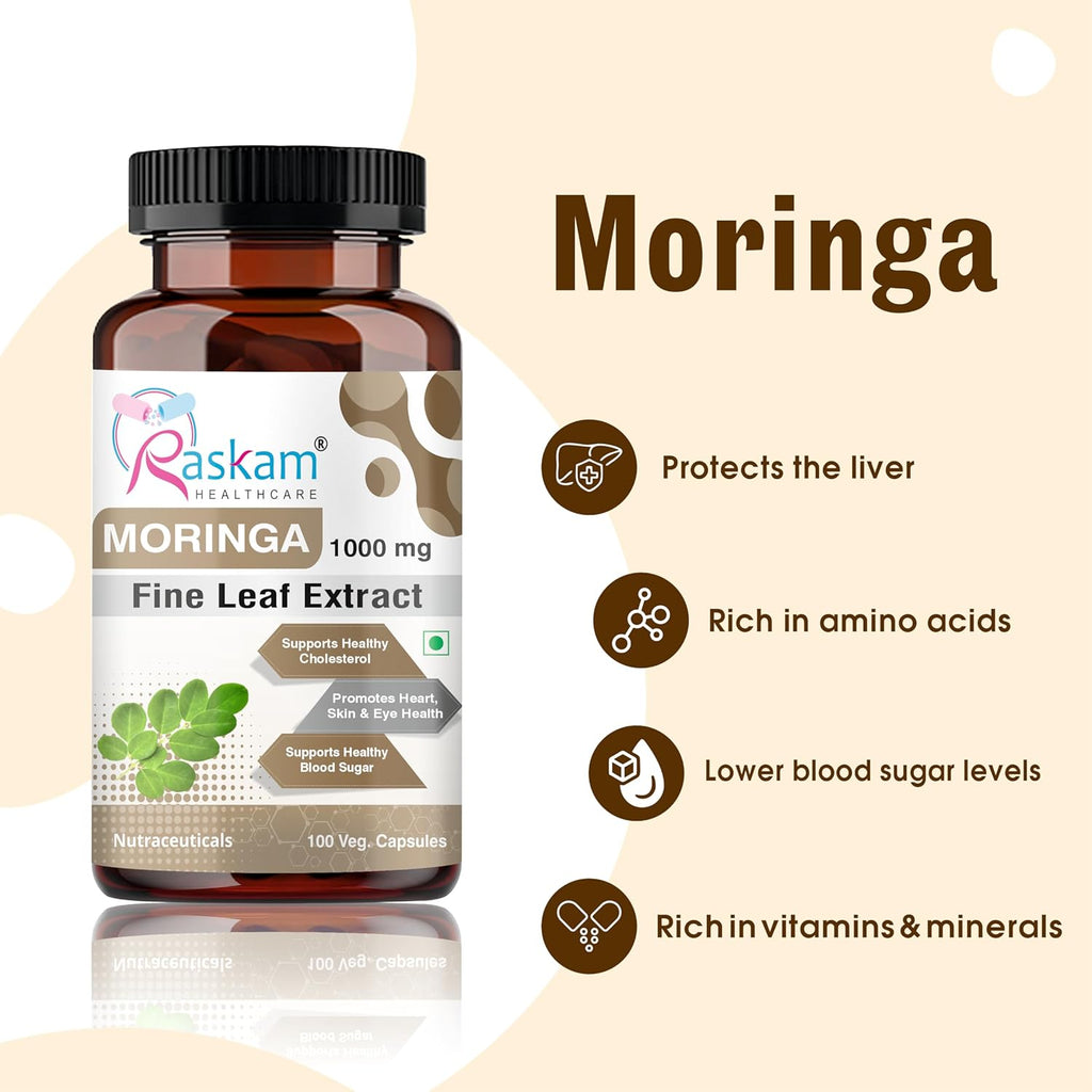 Moringa Capsules Organic (100 Capsules) 1000mg Green Superfood Moringa Oleifera Leaf Powder Capsules - Immunity & Metabolism Booster Nutritional Rich Supplement