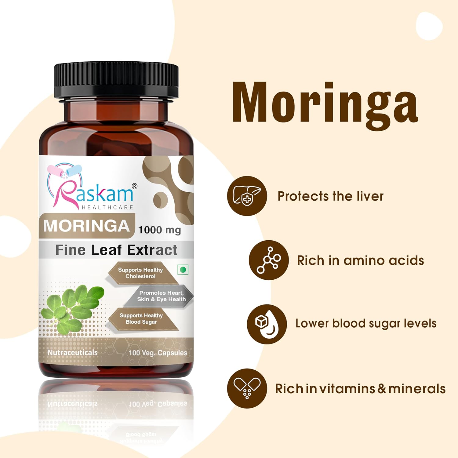 Moringa Capsules Organic (100 Capsules) 1000mg Green Superfood Moringa Oleifera Leaf Powder Capsules - Immunity & Metabolism Booster Nutritional Rich Supplement