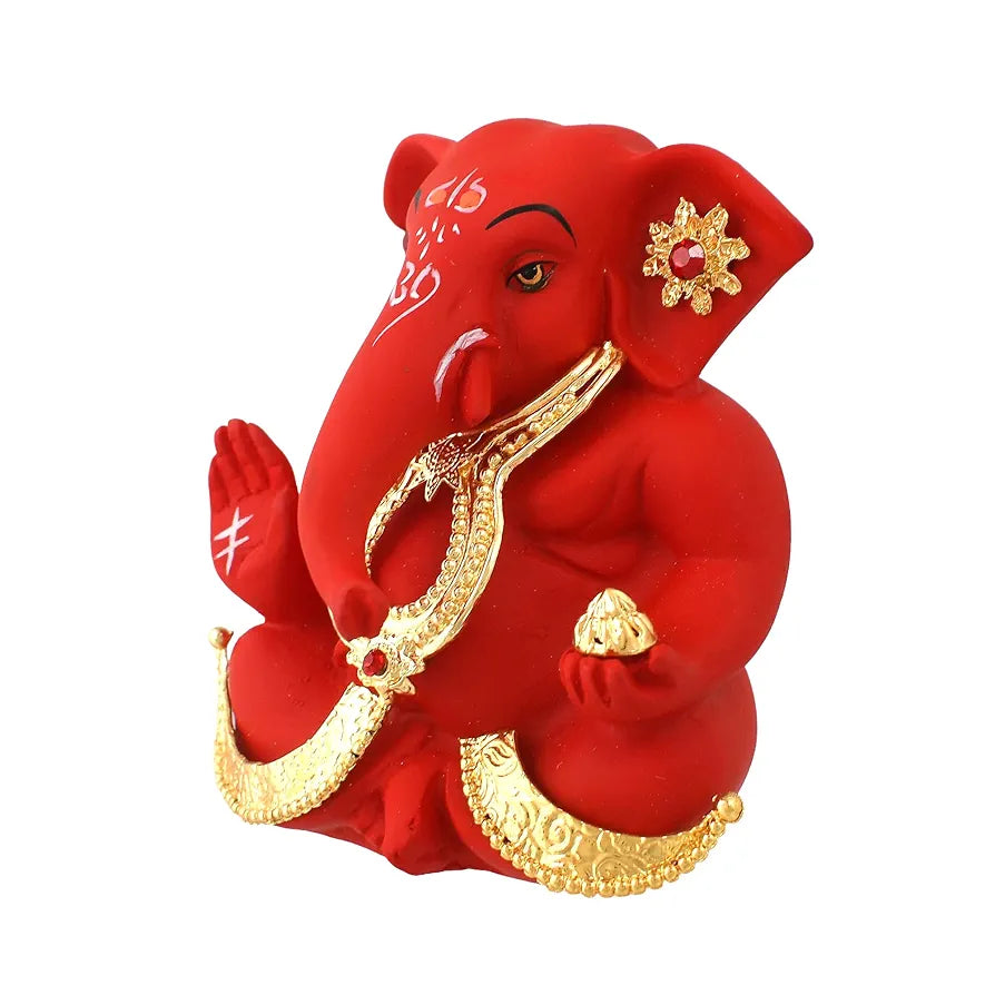 CraftVatika Ganesh Idol Murti Statue for Car Dashboard Ceramic Terracotta Gold Plated Ganesha Idols Red