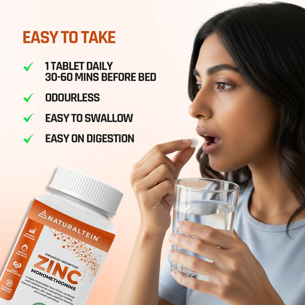 NATURALTEIN â€“ Zinc Monometheonine (60 Tablets) | 44 mg of pure zinc monomethionine, 12 mg of elemental zinc in each tablet | Tested and free from Heavy Metals