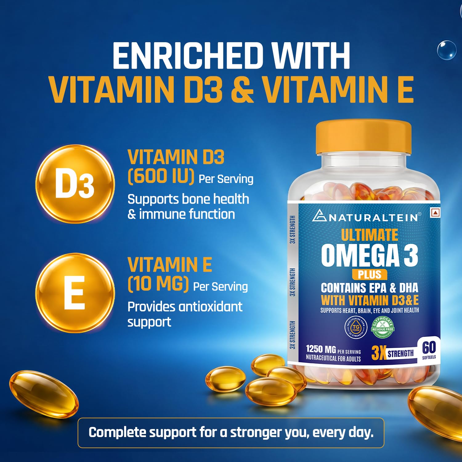 NATURALTEIN Ultimate Omega-3 plus Fish Oil 1250mg Triple Strength Softgel Capsules with vitamin D3 and E | 450mg EPA & 300mg DHA in Triglyceride Form for Better Absorption | Heart, Brain, Eye | 60 Softgel Capsules | 60-Day Supply